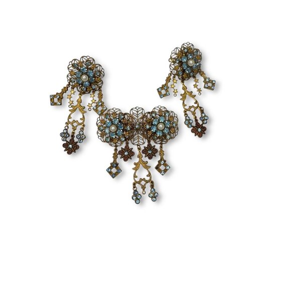 Vintage Early Miriam Haskell Brass Filigree Brooch Pierced Earrings Set - Picture 1 of 8